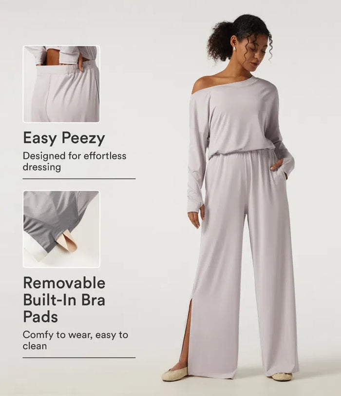 One Shoulder Long Sleeve Wide Leg Casual Jumpsuit with Built-in Bra and Pockets -Easy Peezy Edition