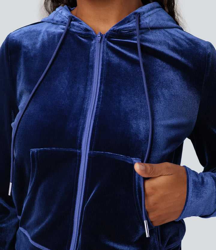 Hooded Drawstring Zipper Long Sleeve Velvet Casual Jacket with Pockets