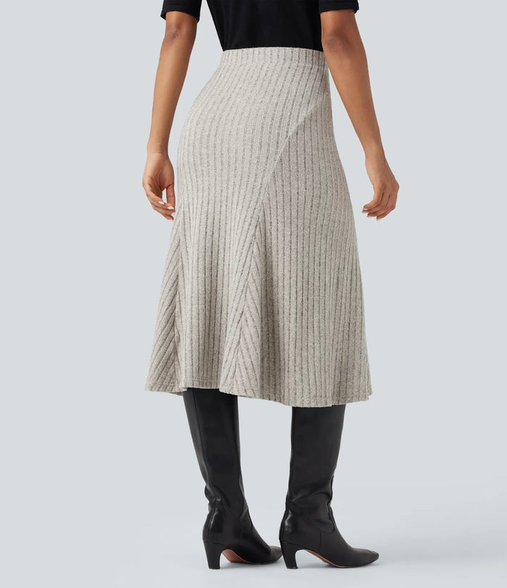 Ribbed Knit High-waisted Midi Casual A-line Skirt