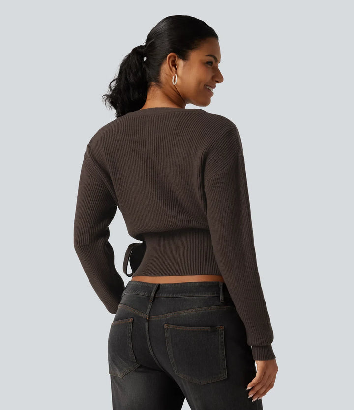 V Neck Long Sleeve Tie Side Work Sweater