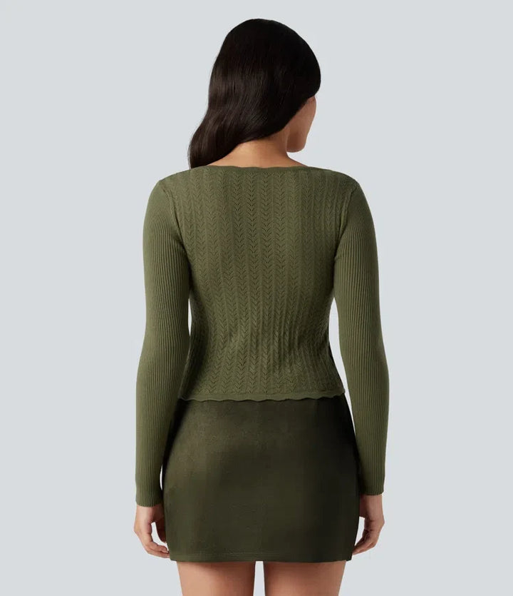 U-Neck Long Sleeve Scallop Trim Casual Sweater