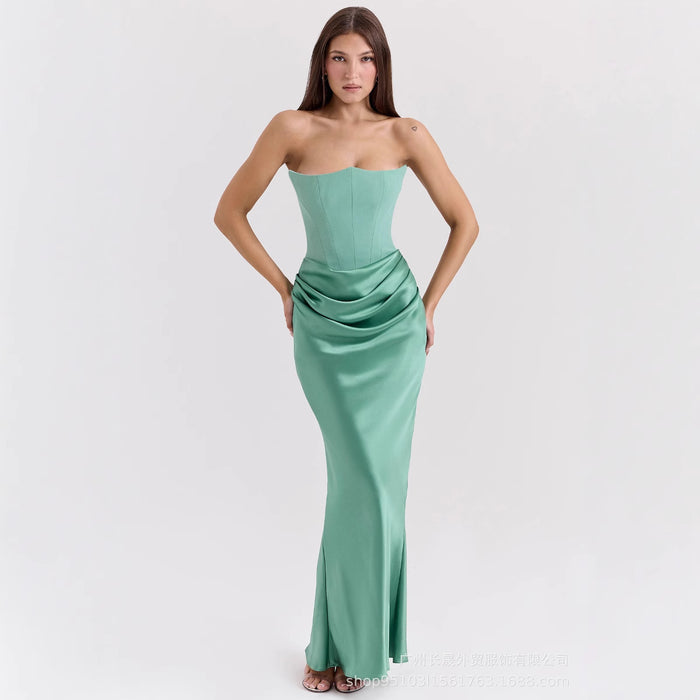 Kinsley | Strapless Satin Corset Maxi Dress with Ruched Waist