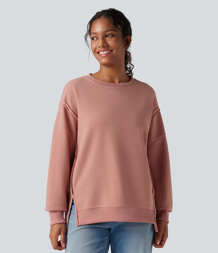 Round Neck Long Sleeve Split Hem Waffle Casual Sweatshirt
