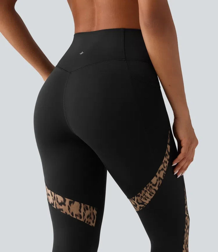 High Waisted Skinny Contrast Mesh Leopard Print Color Block Yoga Leggings with Pockets