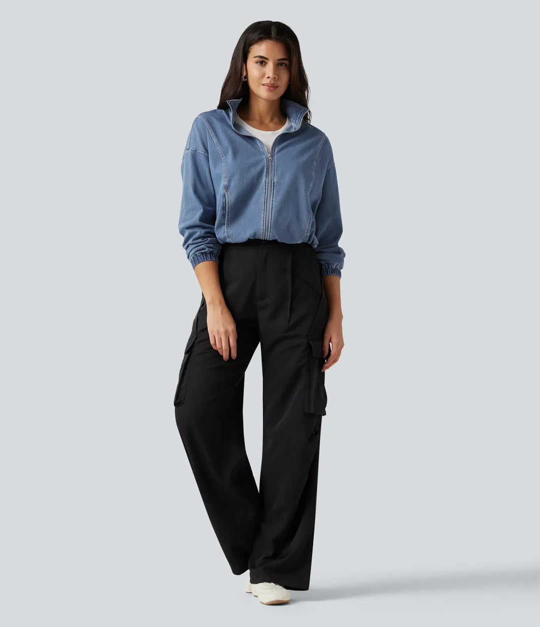 Halara Flex High Neck Long Sleeve Denim Casual Jacket with Pockets