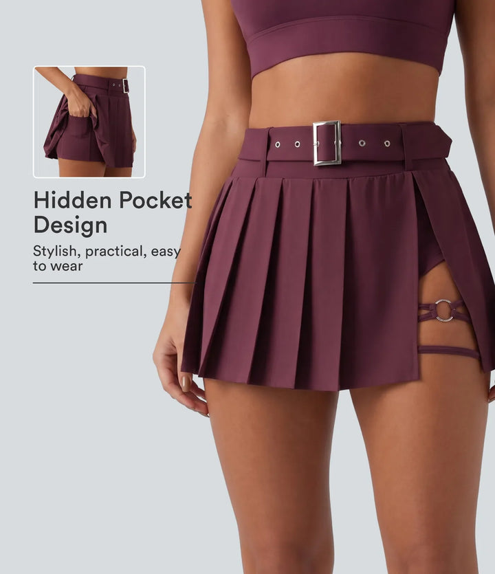 Breezeful Mid Rise Belted 2-in-1 Pleated Asymmetric Hem Quick Dry Micro Mini Dance Skirt with Pocket