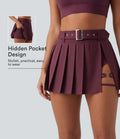 Breezeful Mid Rise Belted 2-in-1 Pleated Asymmetric Hem Quick Dry Micro Mini Dance Skirt with Pocket