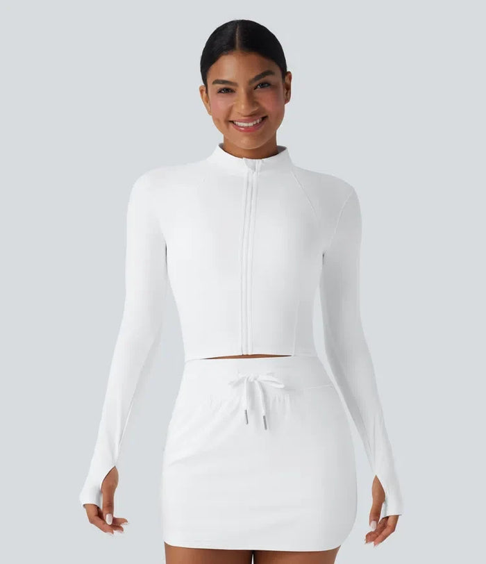 SoftlyZero Plush Stand Collar Zip Thumb Holes Cropped Golf Jacket