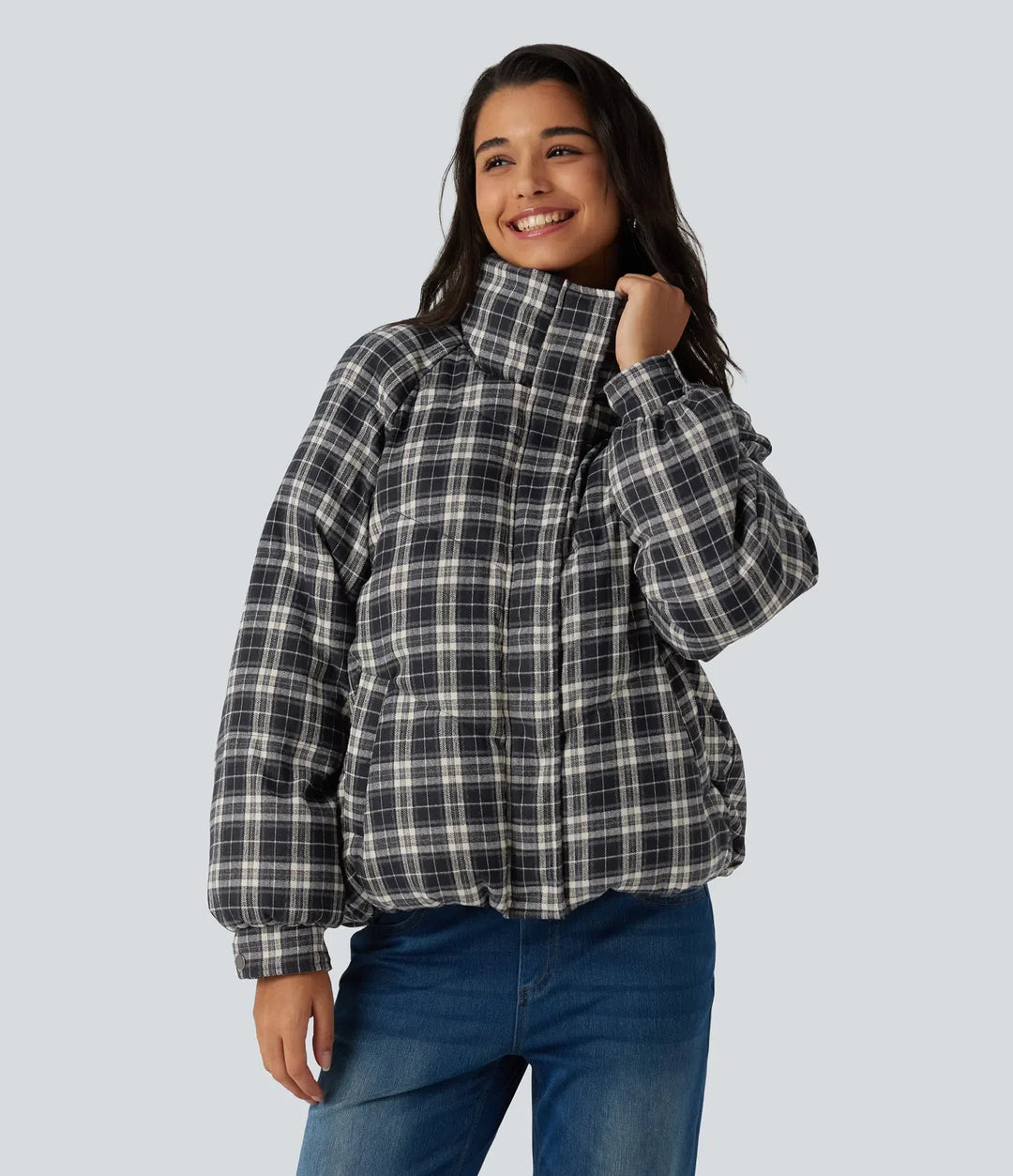 Stand Collar Long Sleeve Plaid Casual Padded Jacket with Pockets