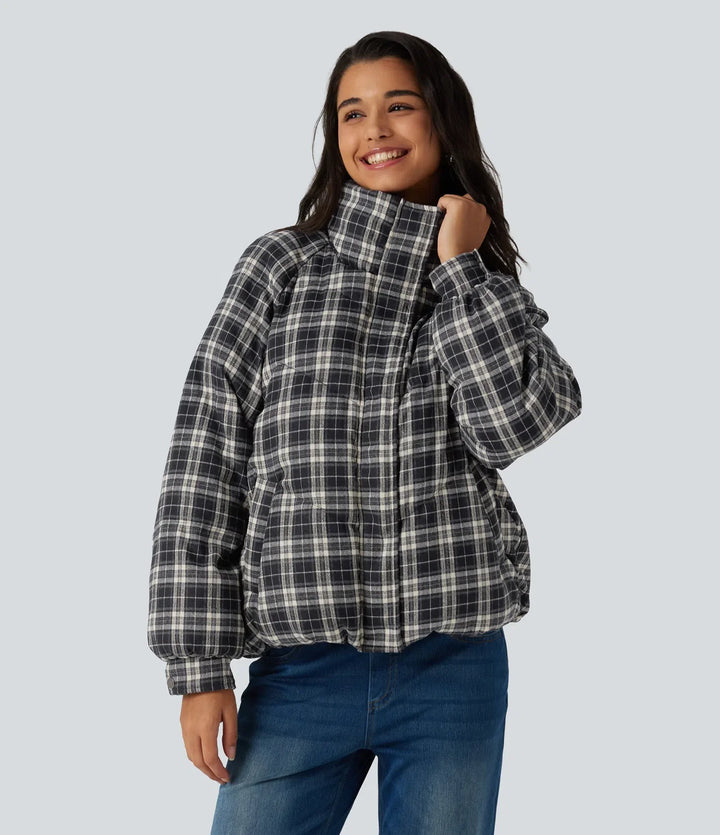 Stand Collar Long Sleeve Plaid Casual Padded Jacket with Pockets