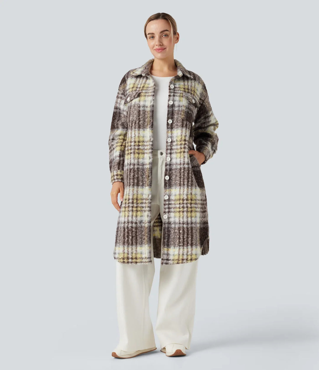 Long Sleeve Plaid Longline Casual Sherpa Jacket with Pockets