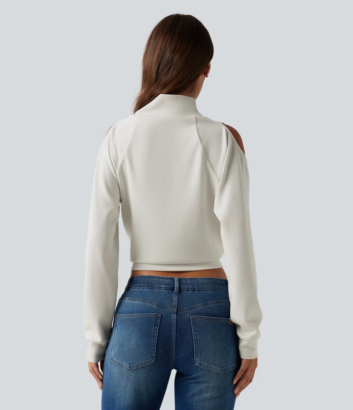 Mock Neck Cold Shoulder Long Sleeve Casual Sweatshirt