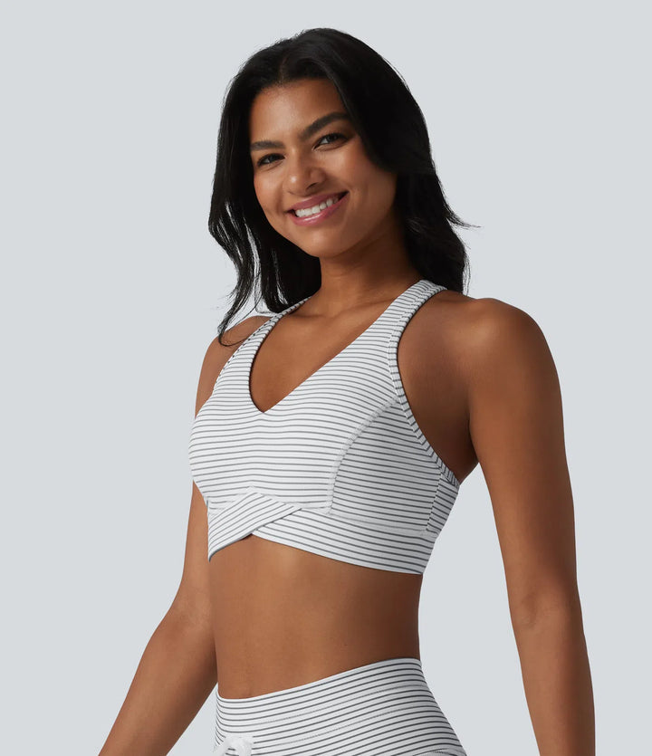 Medium Support V Neck Built-in Bra Racerback Stripe Training Sports Bra
