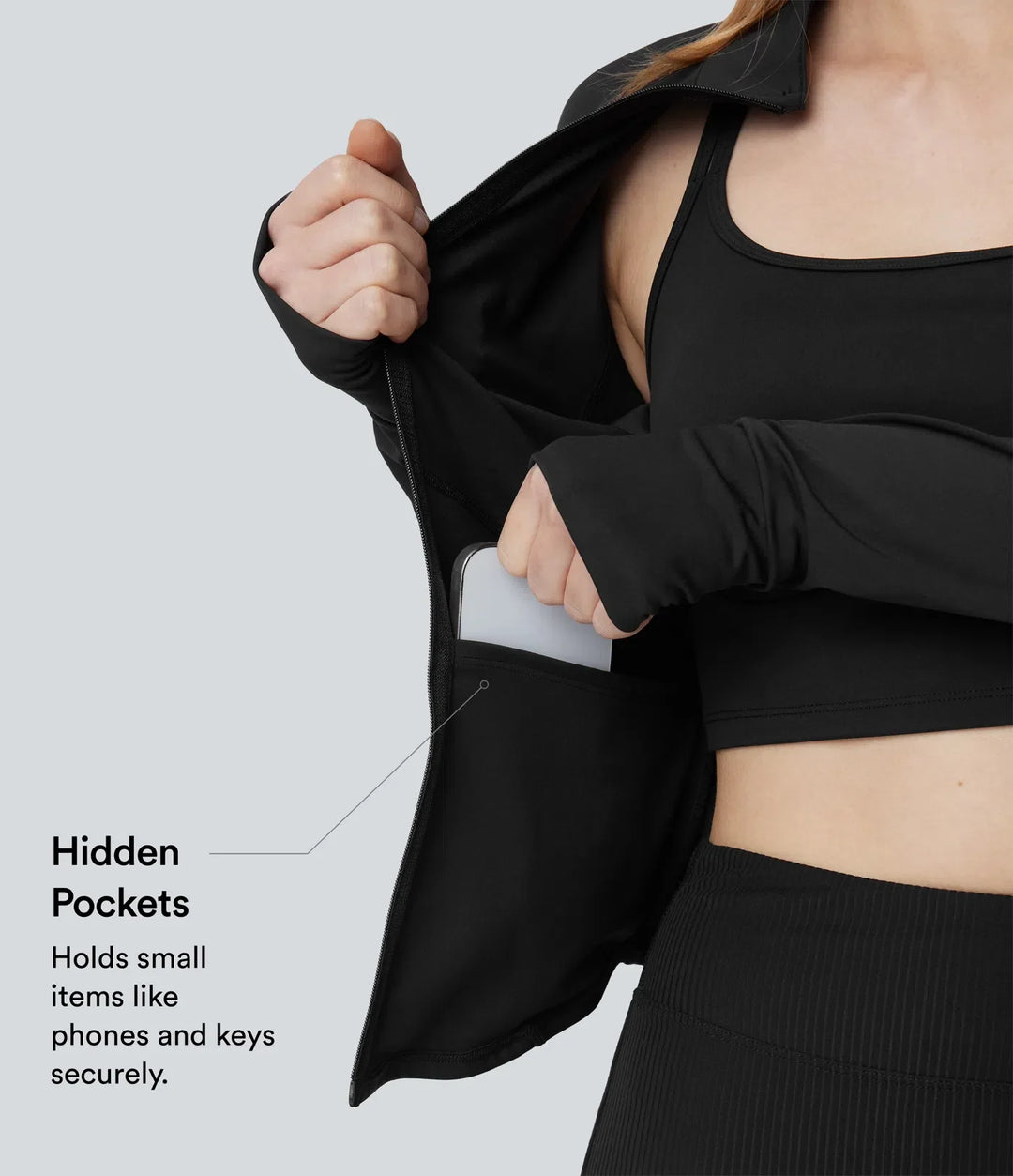 PuffFlex 3-in-1 Stand Collar Casual Cropped Puffer Coat &amp; Thumb Holes Curved Hem Jacket with Pocket