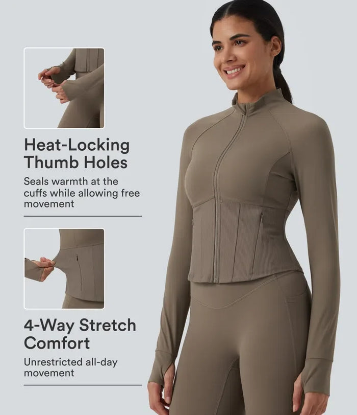 Halara UltraSculpt InstantCool Stand Collar Raglan Thumb Hole Curved Hem Yoga Jacket with Pockets