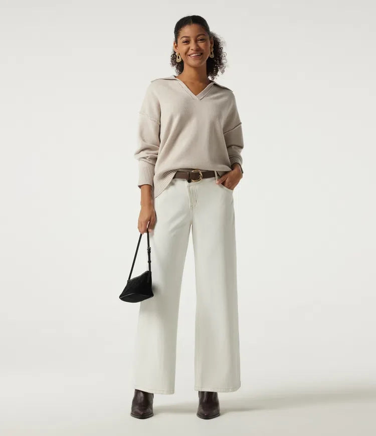 Polo Neck Long Sleeve Dropped Shoulder Casual Sweater