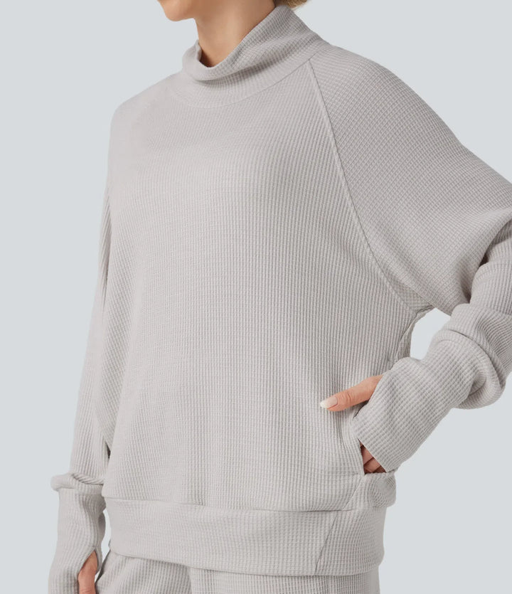 High-neck Long Sleeve Thumb Holes Oversized Waffle Casual Sweatshirt with Pockets