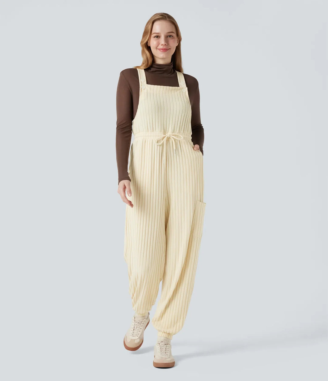 Ribbed Knit Adjustable Straps Drawstring Casual Overalls with Pockets