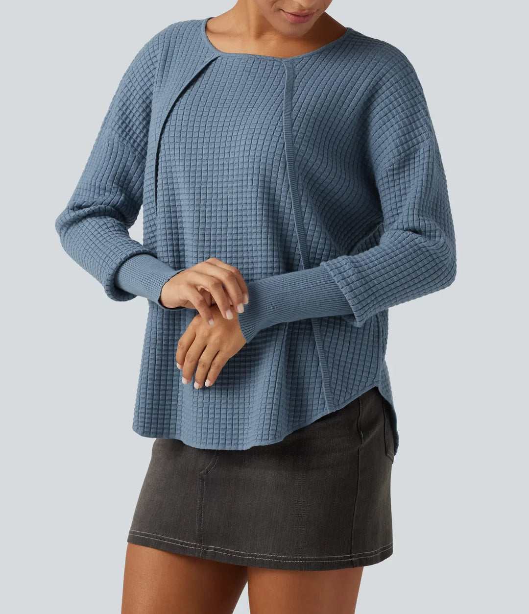 Round Neck Bishop Long Sleeve Curved Hem Casual Sweater