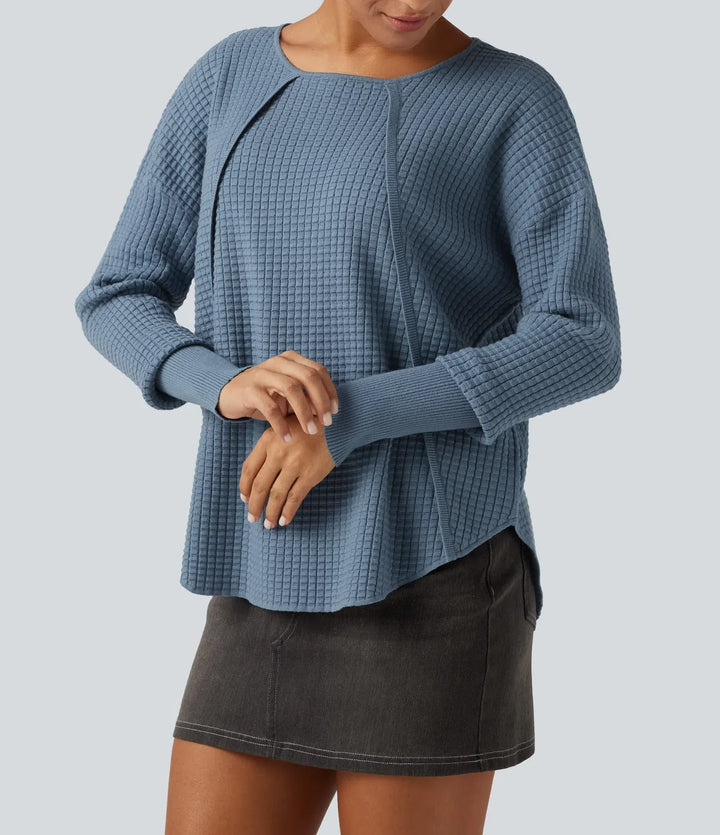 Round Neck Bishop Long Sleeve Curved Hem Casual Sweater