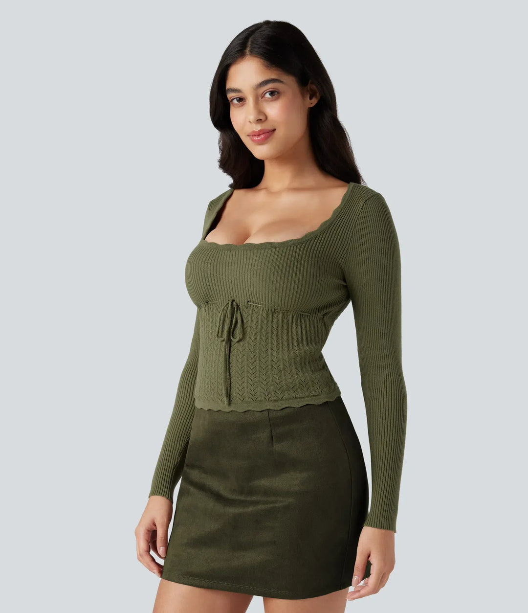 U-Neck Long Sleeve Scallop Trim Casual Sweater