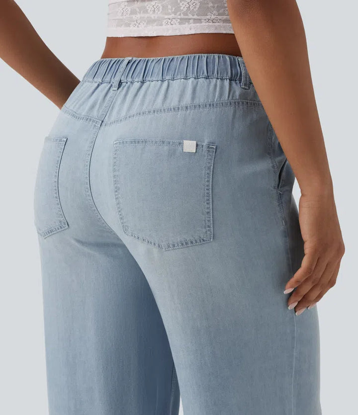 Mid Rise Drawstring Casual Jeans with Pockets