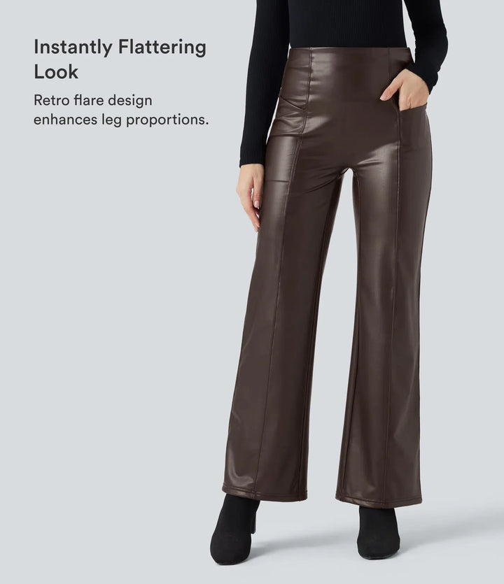 High Waisted Tummy Control Stretchy PU Fleece Casual Flare Pants with Pockets