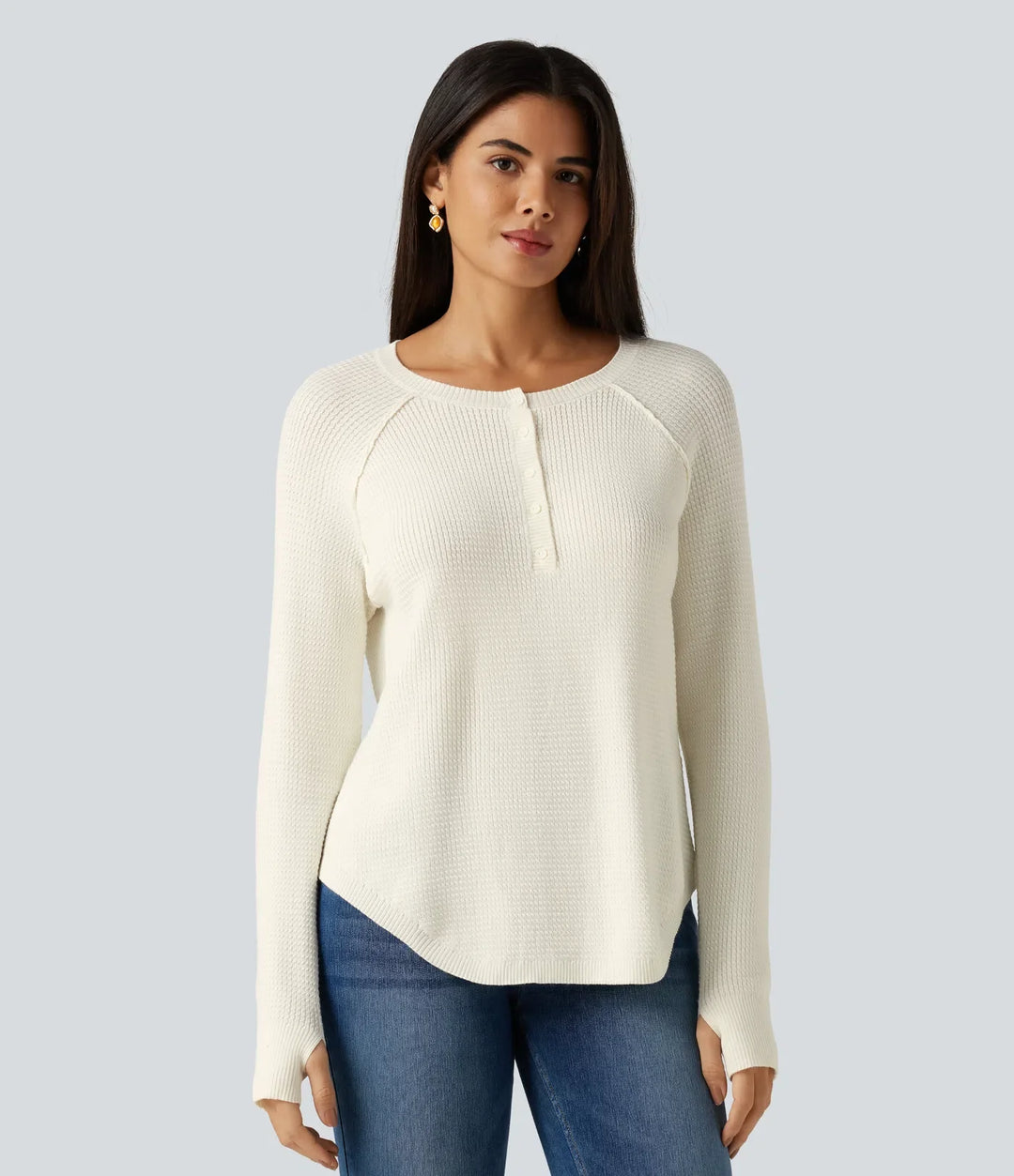 Henley Neck Long Sleeve Thumb Hole Curved Hem Casual Sweater