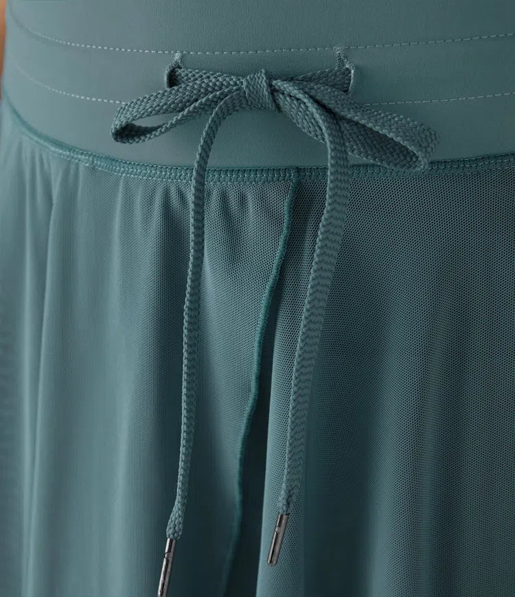 High Waisted Drawstring Contrast Mesh 2-in-1 Pocket Flowy Mini Flare Casual Skirt