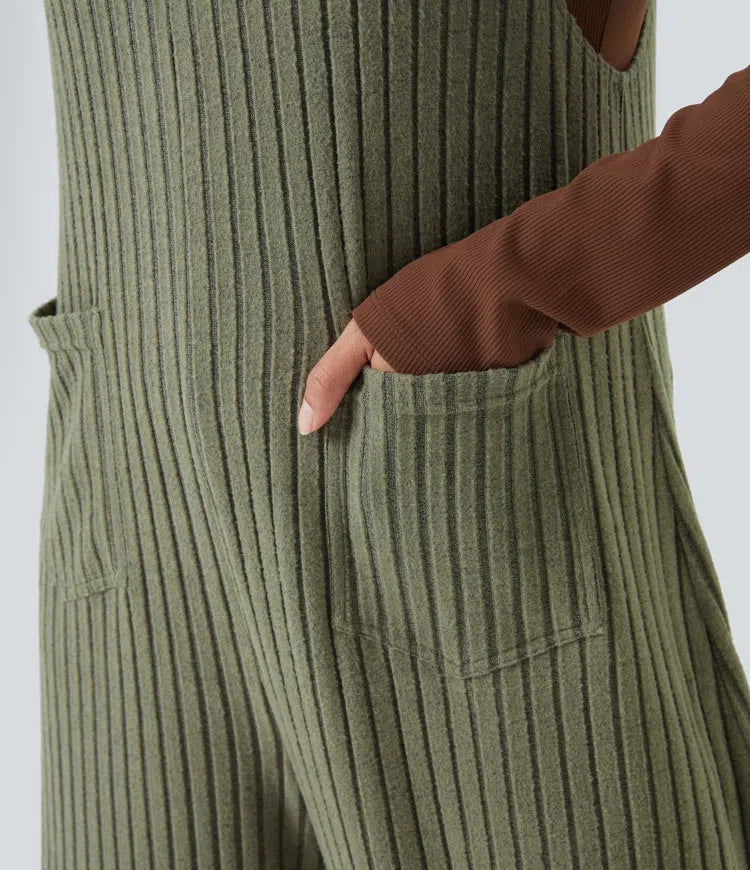 Ribbed Knit Casual Plus Size Overalls with Pockets