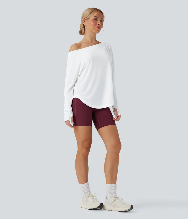 One Shoulder Long Sleeve Thumb Hole Curved Hem High Low Quick Dry Yoga Sports Top