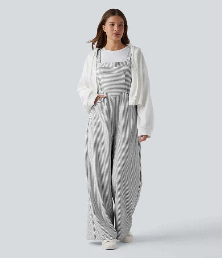 Adjustable Straps Stripes Wide Leg Casual Overalls with Pockets