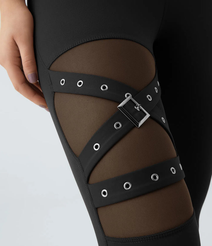 DayStretch High Waisted Crossover Contrast Mesh Decorative Buckle Yoga Leggings