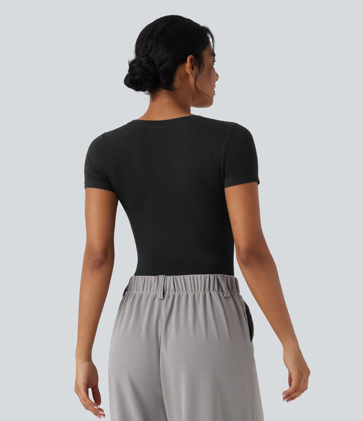 Ribbed Knit V-neck Short Sleeve Work Bodysuit