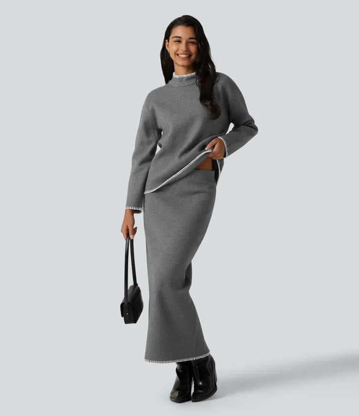Stand Collar Long Sleeve Crochet Work Sweater