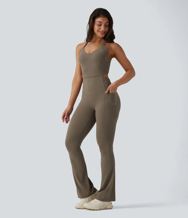 Halara UltraSculpt Twisted Backless Tummy Control Butt Lifting Bootcut Workout Jumpsuit with Pockets-Easy Peezy Edition