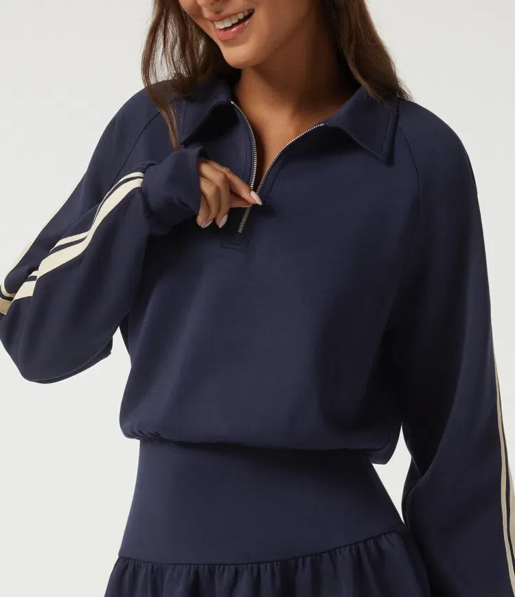 Lapel Long Sleeve Raglan Side Stripe Casual Mini Sweatshirt Dress