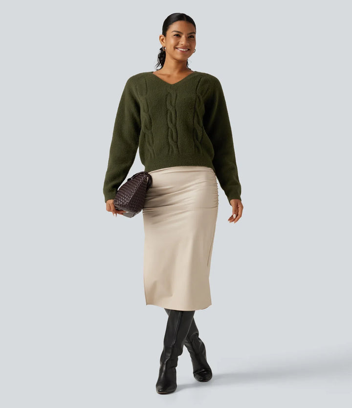 V Neck Raglan Long Sleeve Work Sweater