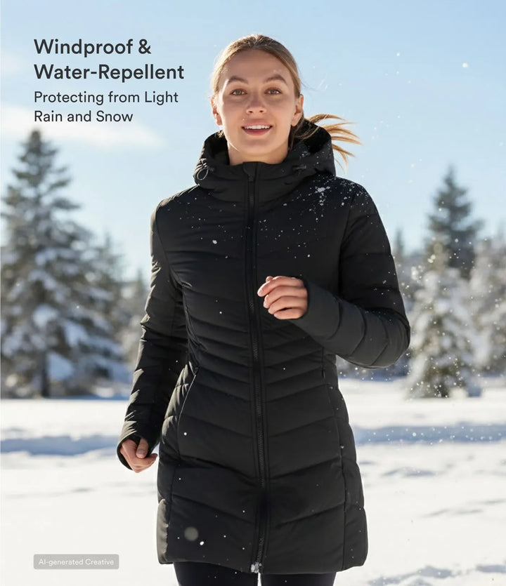 PuffFlex Hooded Longline Stretchy Casual Padded Jacket with Pockets