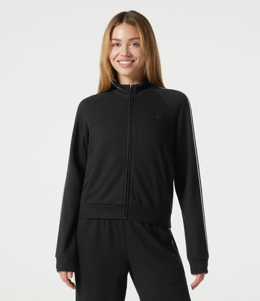 Ribbed Stand Collar Zipper Long Sleeve Color Block Casual Jacket with Pockets