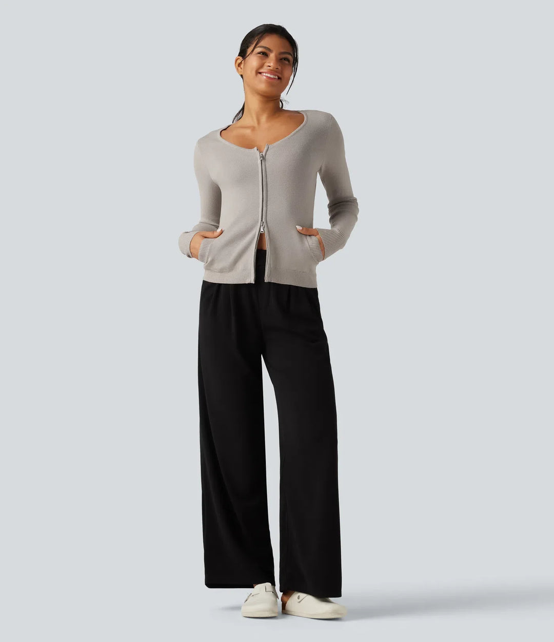 Round Neck Long Sleeve Slim Lounge Cardigan with Pockets