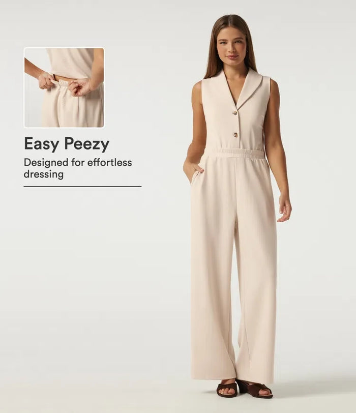 Lapel Collar Sleeveless Straight Leg Work Jumpsuit with Pockets - Easy Peezy Edition