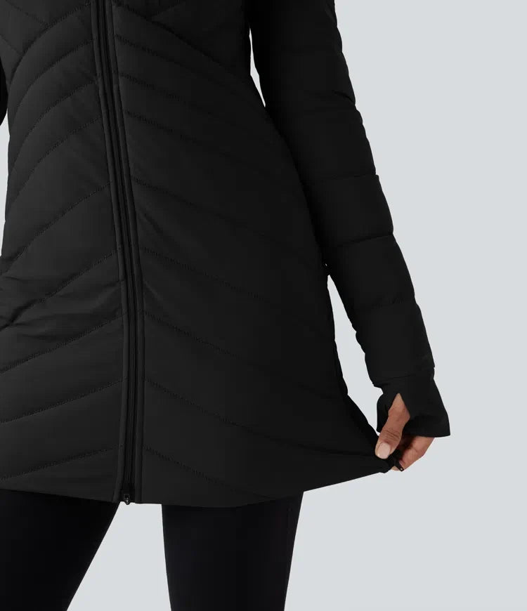 PuffFlex Stand Collar Long Sleeve Thumb Holes Zip Hem Stretchy Slim Casual Quilted Jacket with Pockets