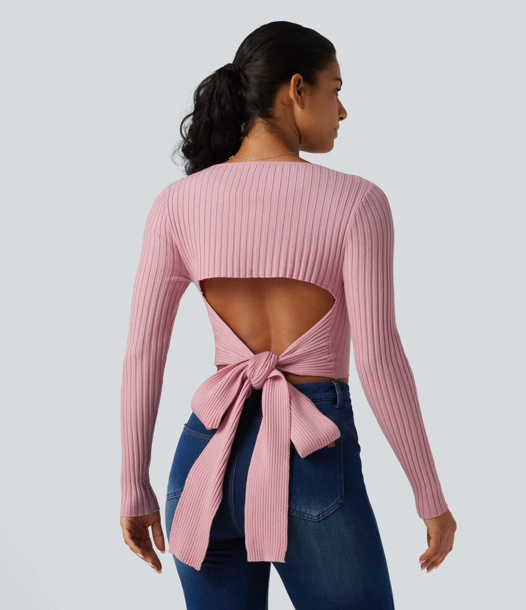 Round Neck Long Sleeve Cut Out Tie Back Casual Sweater