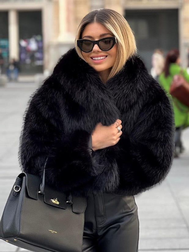 Riley | Cropped Fluffy Faux Fur Jacket with Wide Lapels