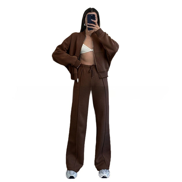 Woman in a zip jacket and wide-leg pants set