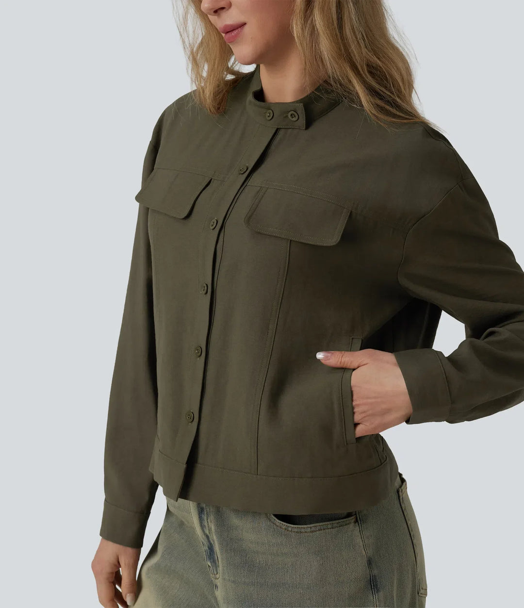 Stand Collar Long Sleeve Casual Cargo Jacket with Pockets