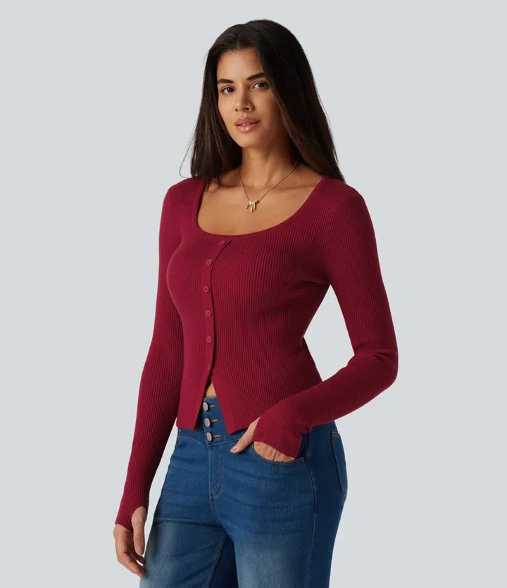 Square Neck Long Sleeve Thumb Hole Casual Sweater