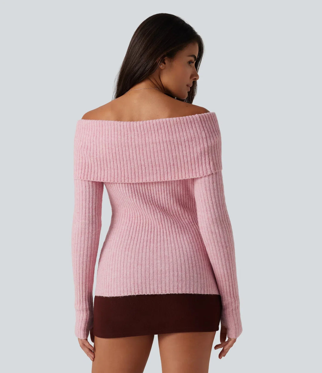 Off Shoulder Long Sleeve Thumb Hole Work Sweater