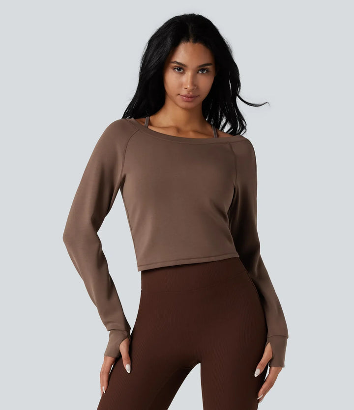 SpacerTek Boat Neck Long Sleeve Thumb Holes Casual Sweatshirt